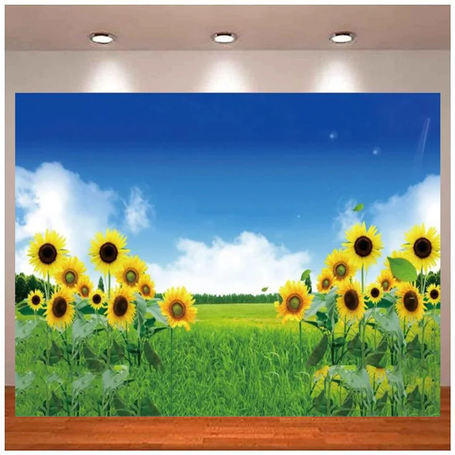 Photography Backdrop Natural Green Served Sunflower Farm Blue Sky Cloudy Scenic Background Banner Poster Video Call Photo Studio