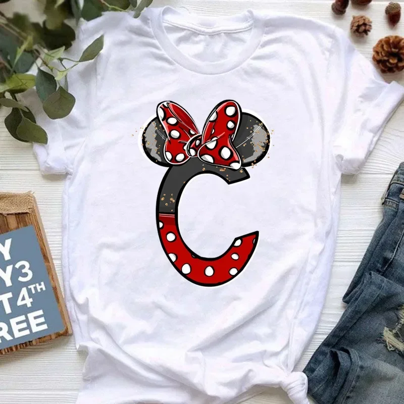 New Summer Short Sleeve Disney Children Baby Clothes Minnie Mouse Letters Print A-Z Print Kid Cotton T-shirt Y2k Tops Boy Girl