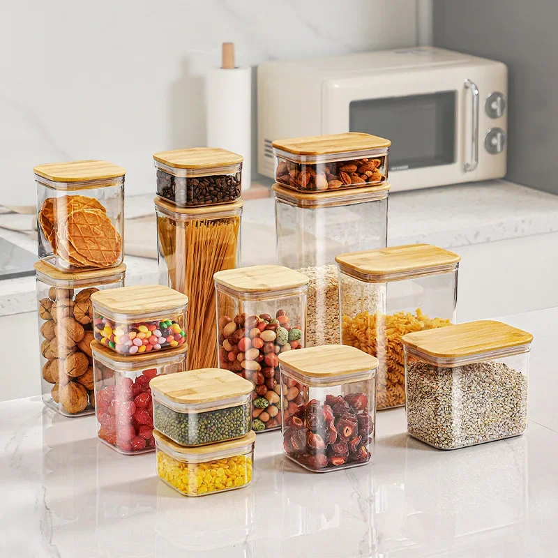 Large Capacity Square Plastic Transparent Storage Box for Home Grains Tea Kimchi Moisture Proof Food Can with Bamboo Lid