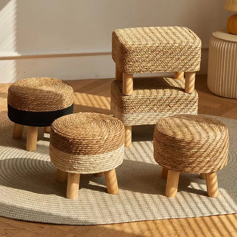 Retro Small Stool Rattan Simple Square Bench Home Woven Low Stools Creative Living Room Solid Wood Round Exquisite Furniture