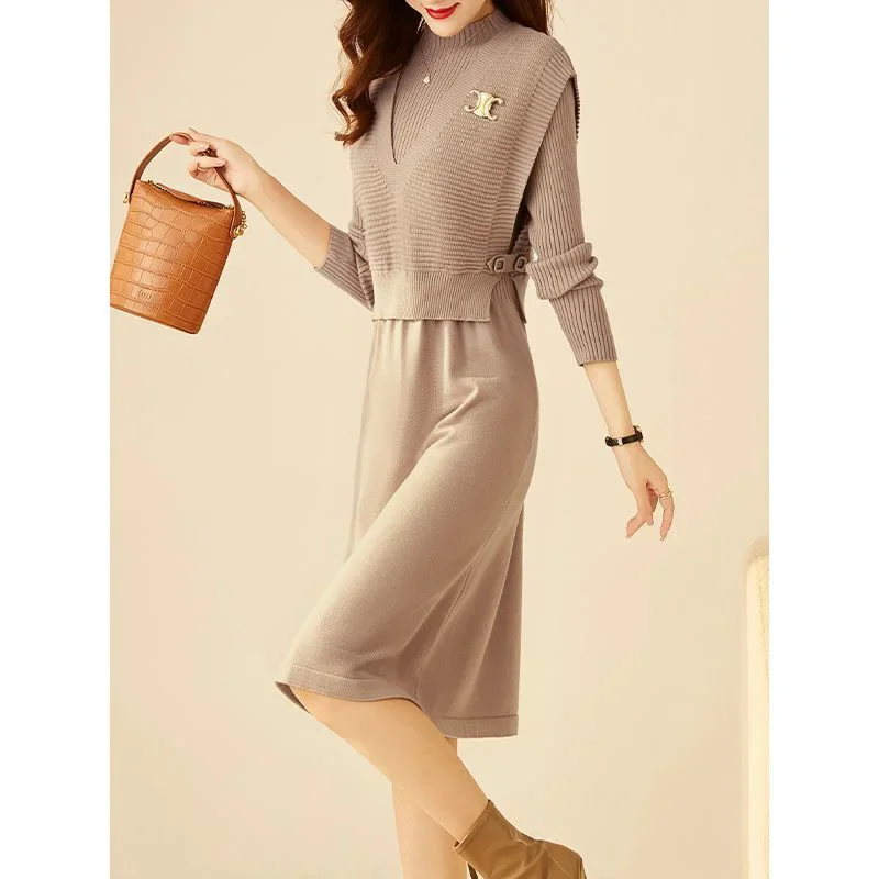 Women Two Piece Set Temperament Elegant O-neck Midi Dress 2024 Autumn Winter Office Lady Solid Commute Soft Slim Knit Dresses