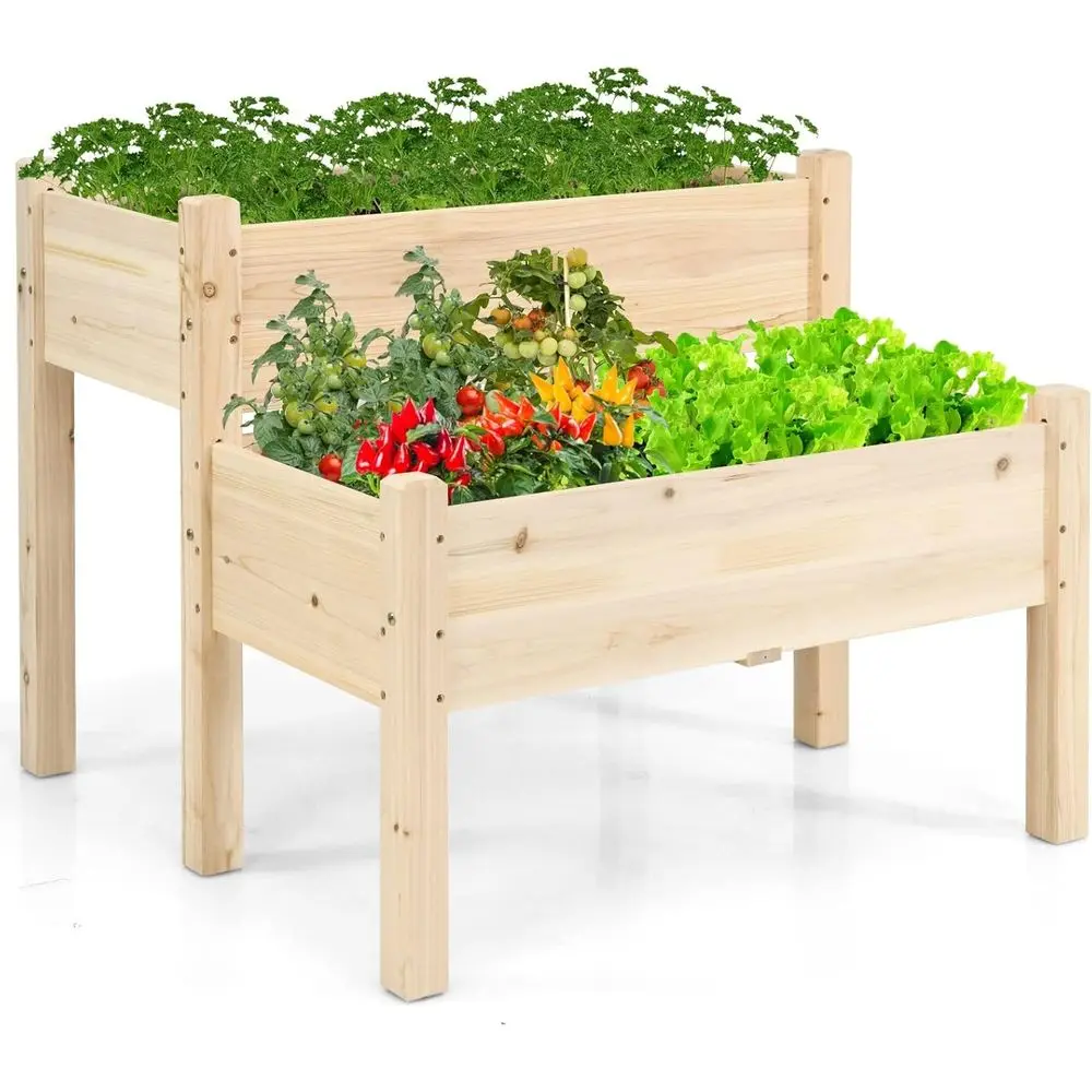 2-Piece Elevated Wood Planter Set with 8 Drainage Holes, 3.5 Cu.ft Above Ground Garden Beds for Vegetables, Herbs, and Flowers