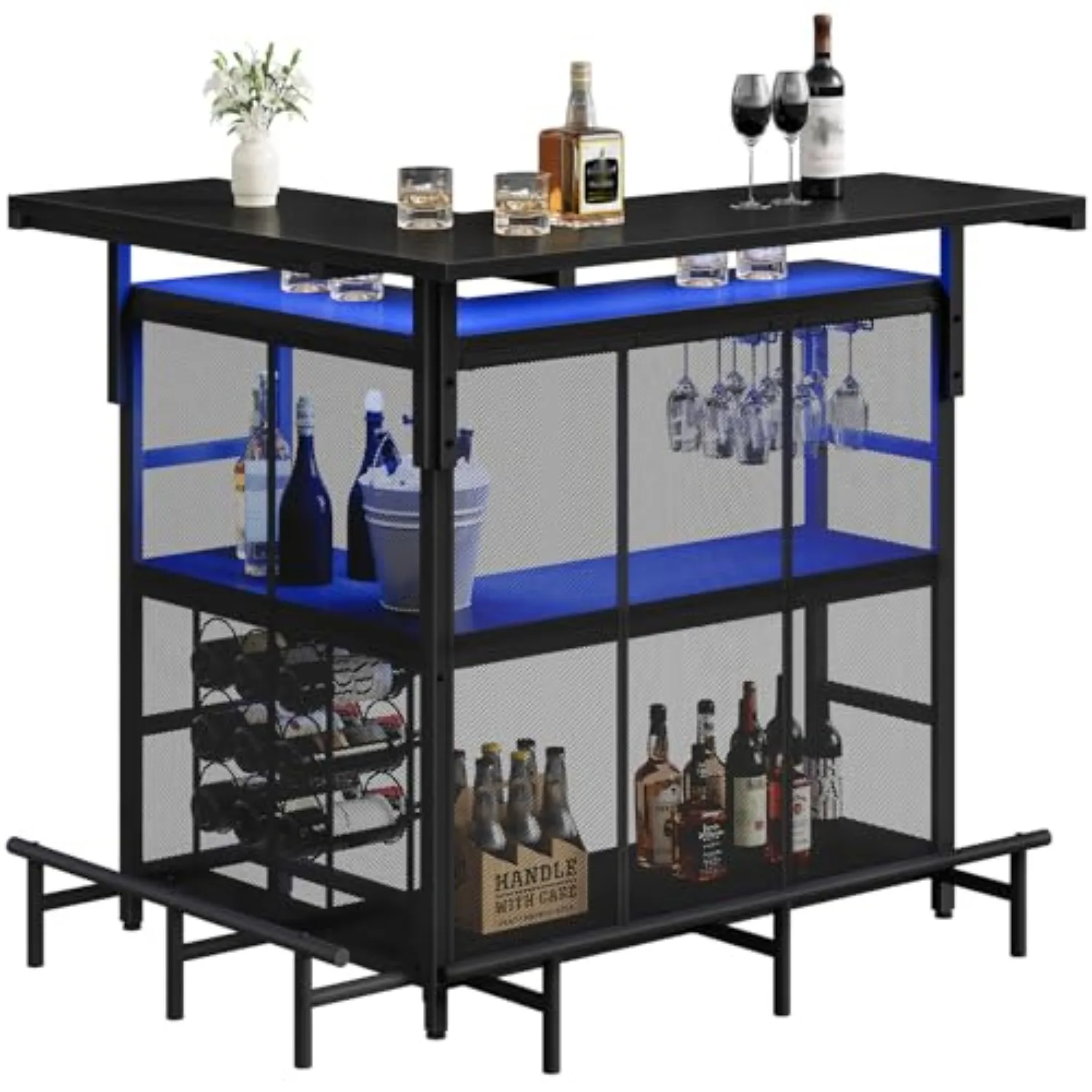 Home Bar Unit, L-Shaped Bar Table with Glasses Holder & 4-Tier Shelves, Corner Mini Liquor Cabinet with Footrest & LED
