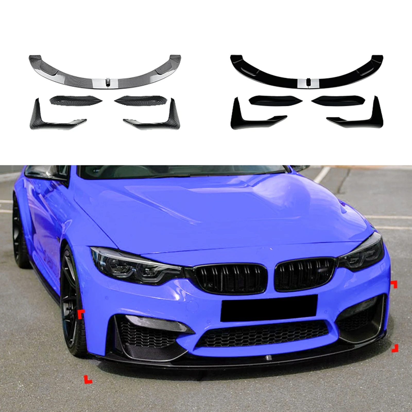 For BMW F80 M3 F83 F82 M4 2015-2020 Car Body Kit Front Bumper Lip+Side Spoiler Corner Cover+Upper Air Vent Frame Splitter Trim