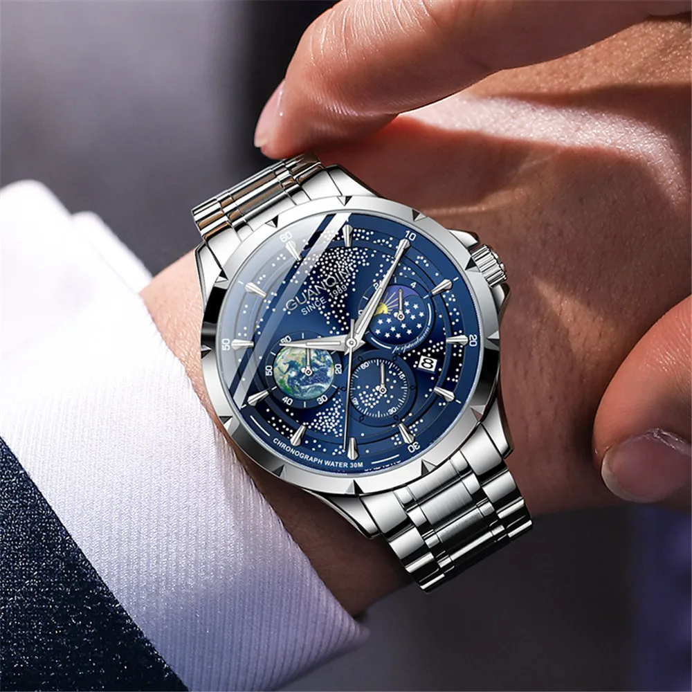 GUANQIN Steel or Leather Band Luxury Quartz Wrist Watch Men Moon Phase Waterproof Sapphire Clock Rhinestone Luminous Chronograph