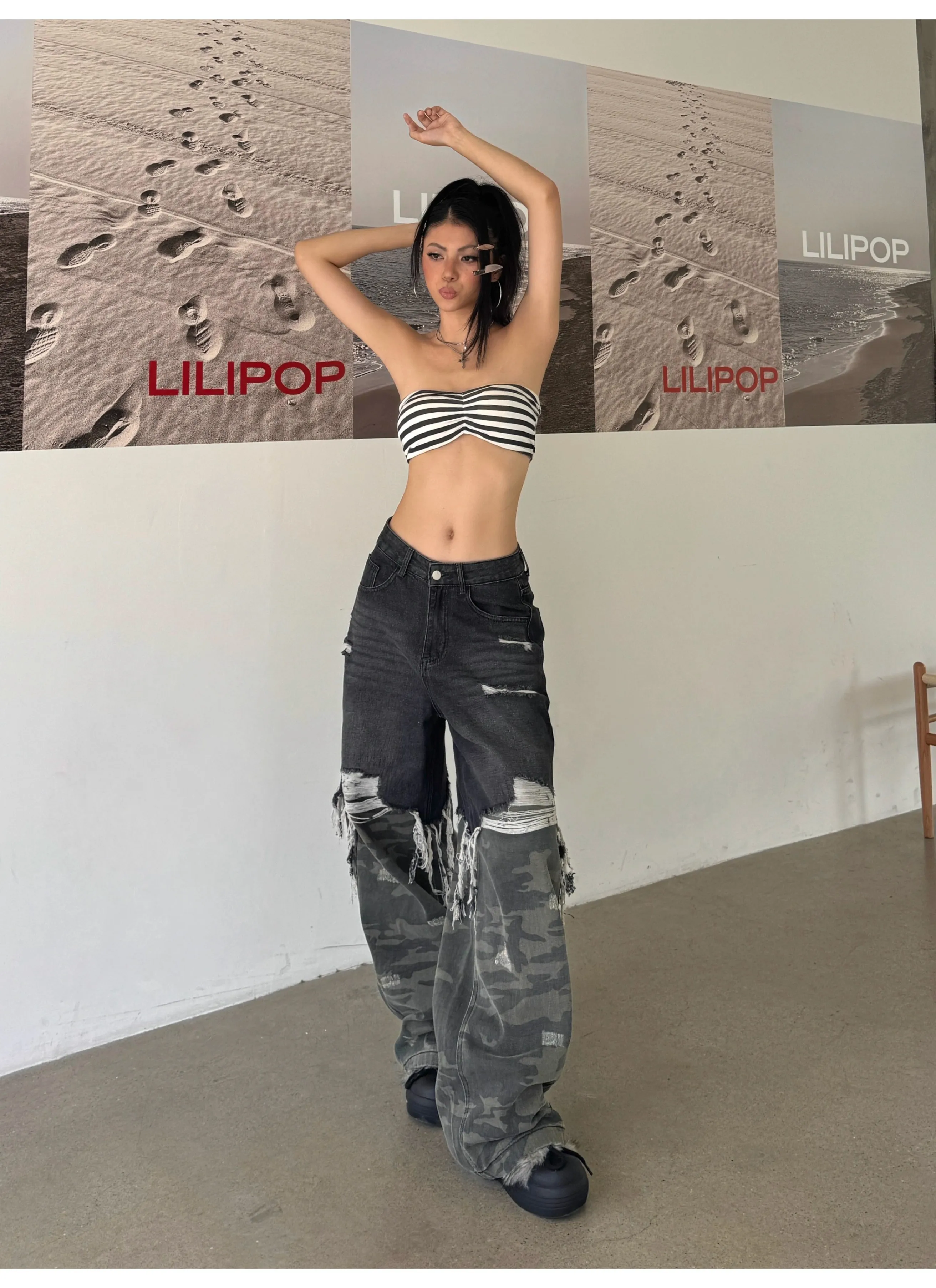 Vaqueros de camuflaje empalmados rasgados azules para mujer Y2K Harajuku japonés High Street estilo 2000 pantalones vaqueros de pierna ancha sueltos pantalones de basura