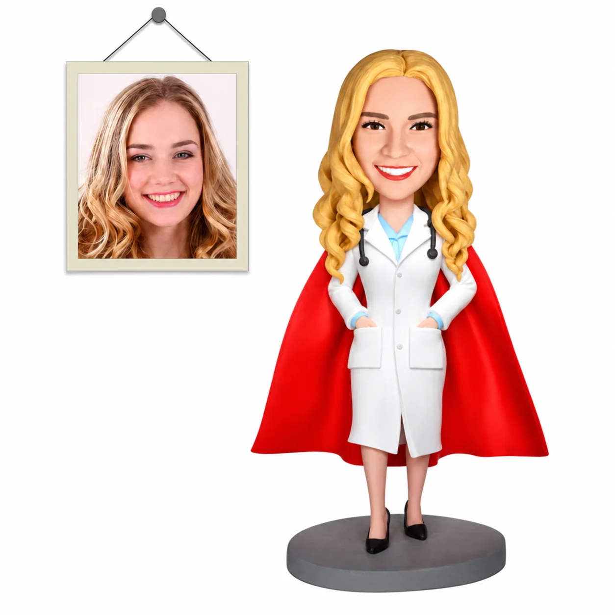 Custom Doctor Bobblehead with Red Cape Personalized Physician Figurine from Photo Medical Gift