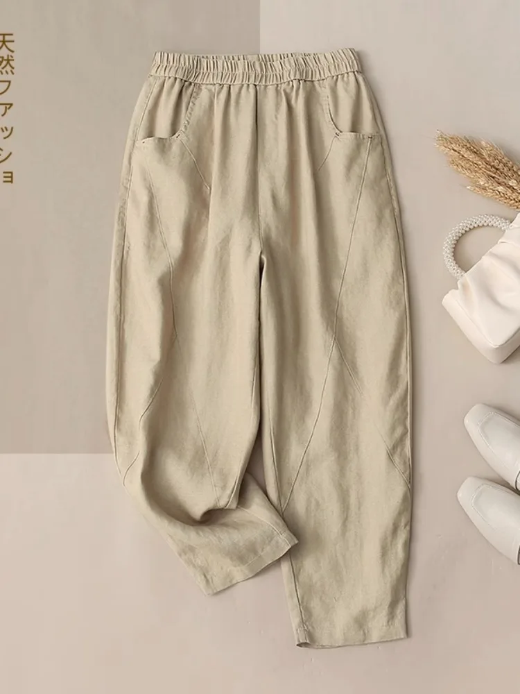 Slim Fit Cotton Linen Harem Pants Women's Thin Breathable Nine Points Carrot Pants Comfortable l Waist Casual Trousers