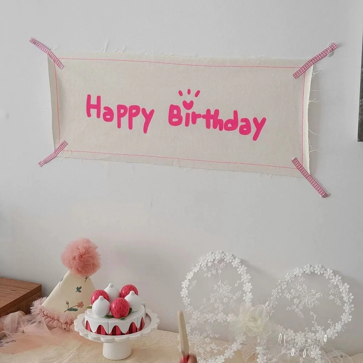 Happy Birthday Hanging Cloth Ins Cute Handwritten Print Fluorescent Pink Children's Birthday Wall Background Cloth