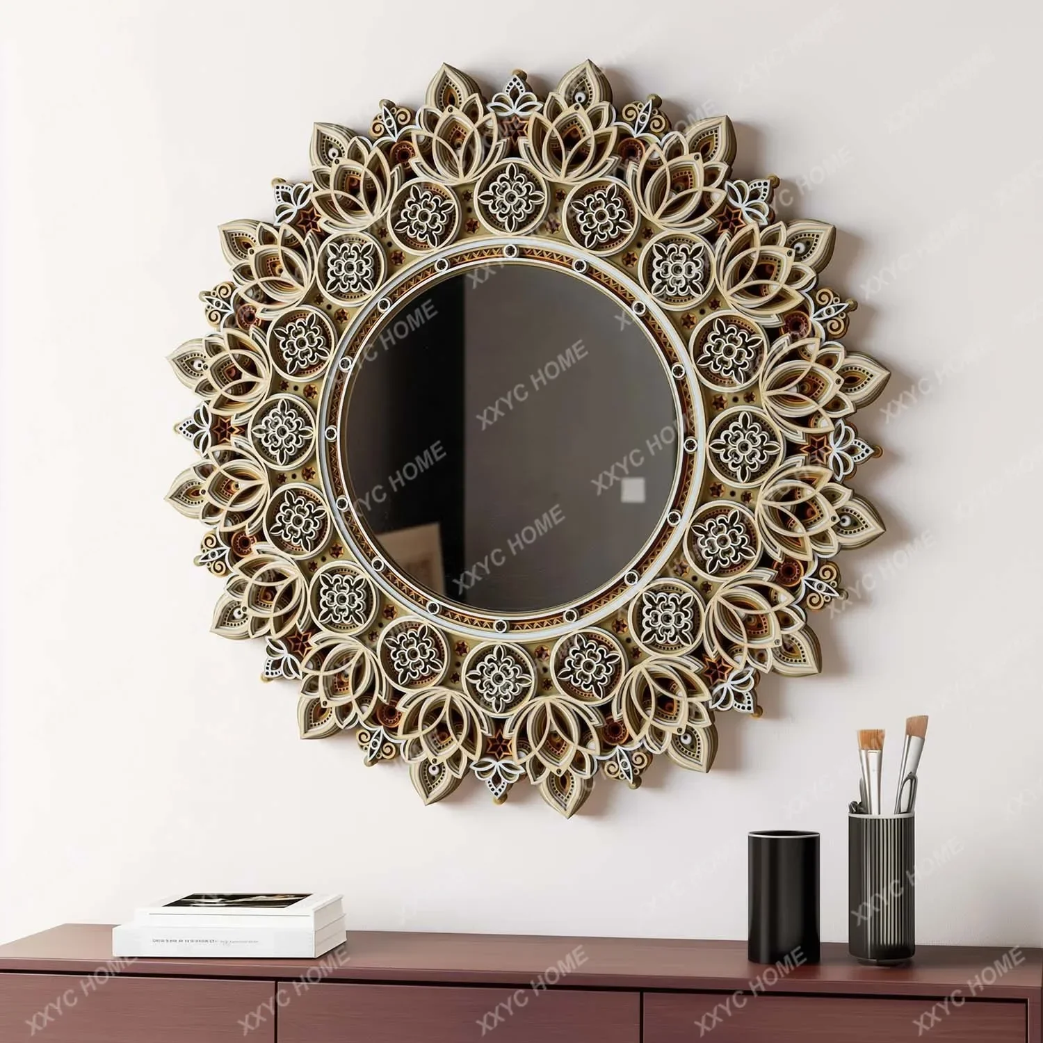 Light luxury relief decorative mirror entrance living room hanging mirror art