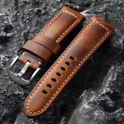 Handmade Head Layer Cowhide Leather Strap Tan Vintage Men Watch Bracelet 20 22 24MM Soft Thickened Bronze Buckle Bracelet