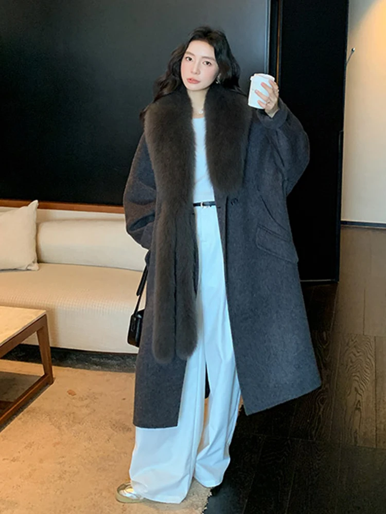 2024 New Fashion Long Women Wool Blended Coat With Big Real Natural Fox Fur Collar Coat Loose Winter Wool Jacket Outwear