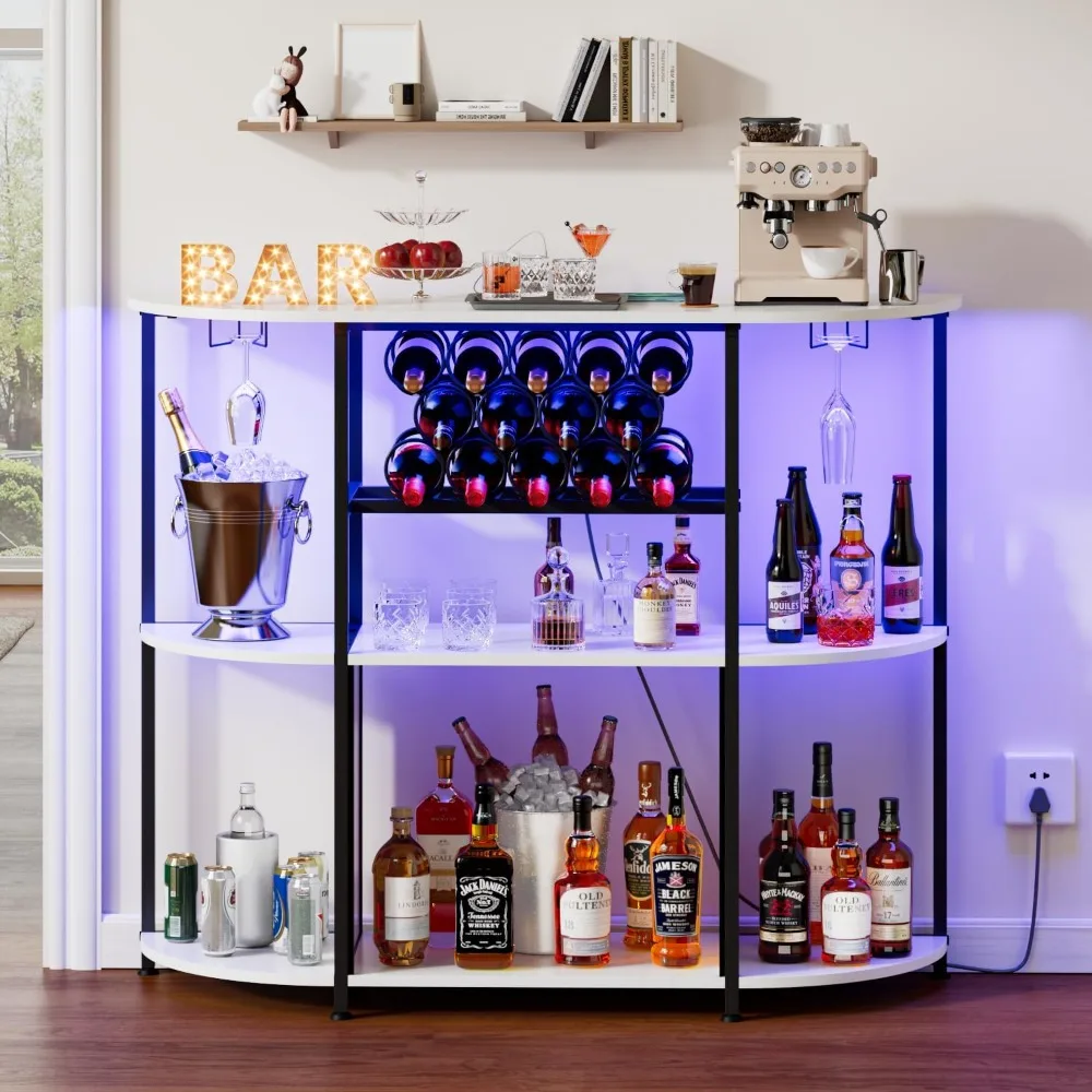 

Wine Bar Cabinet for Liquor with LED Light and Power Outlet, 4-Tier Metal Freestanding Bar Cabinet with Glass Goblet Holder, Win