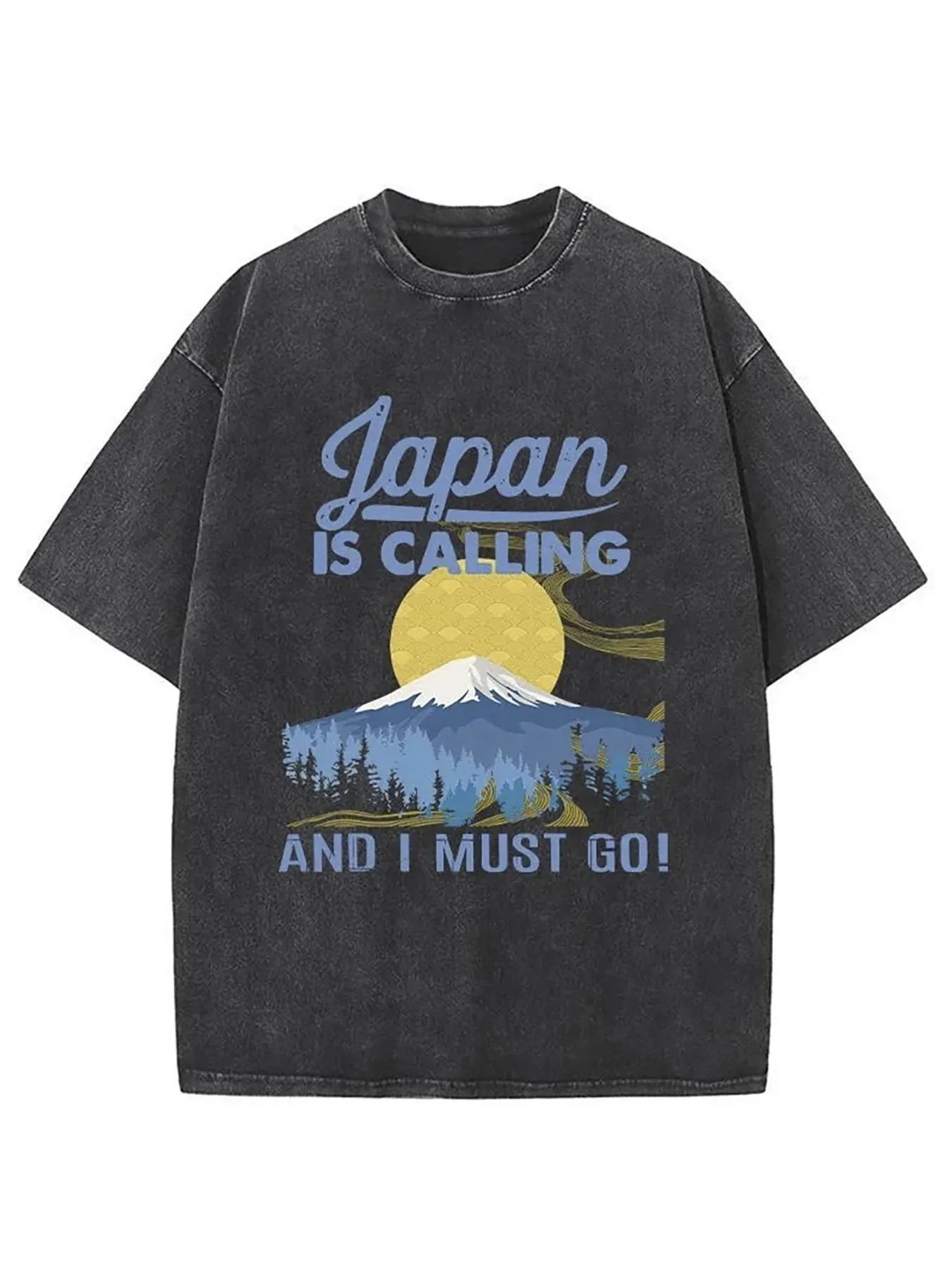 1 Piece, Vintage Style Japan Is Calling Graphic T-Shirt - Soft Washed Fabric, Round Neck, Loose Fit, Casual Summer T-Shirt, Featuring Mount Fuji and Sun Design, Perfect Holiday Gift for Adults