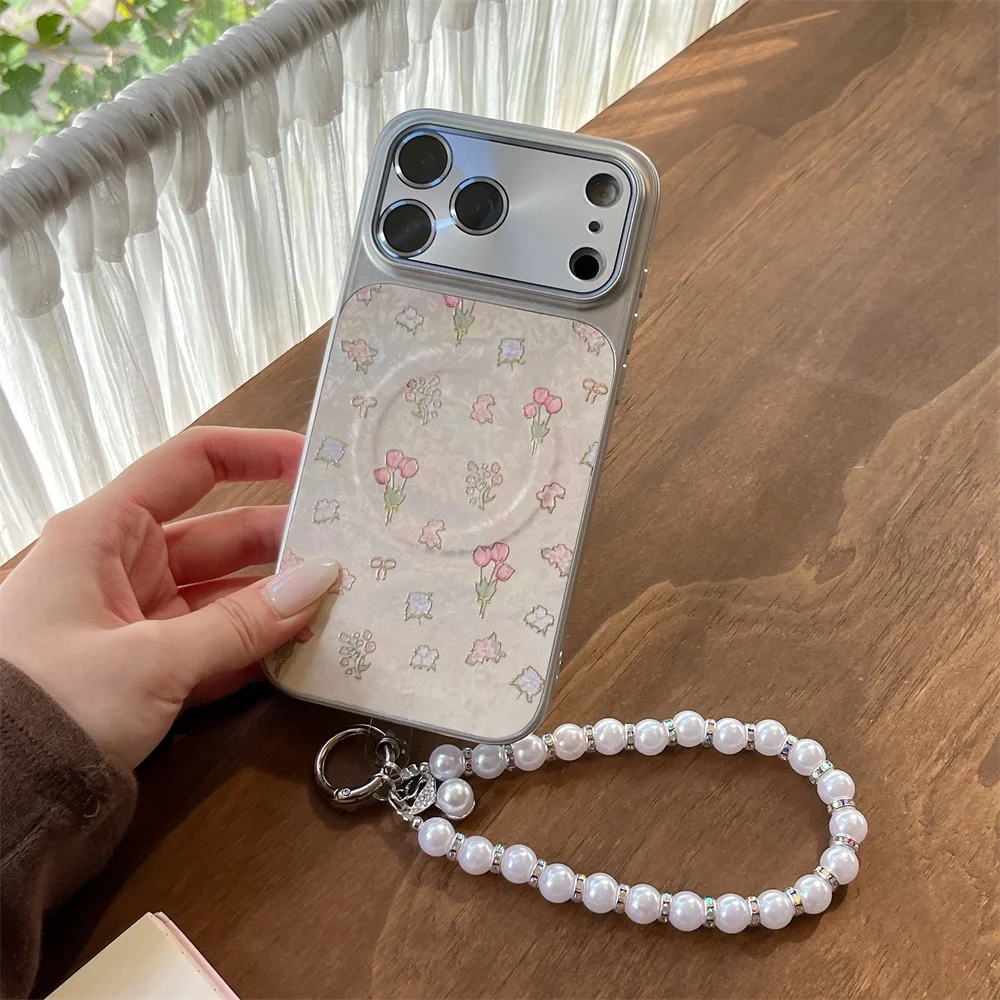 

Korean INS Embossed Flowers Cute Phone Case for iPhone 17 15 14 13 16 Pro Max Fundas With Pearl Chain Magnetic Protective Cover