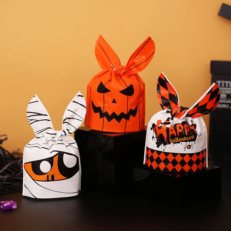 Halloween Bunny Ear Candy Gift Bags Pumpkin Ghost Haunted House Mummy Print Plastic Treat Pouches Kids Trick Or Treat Party Cook