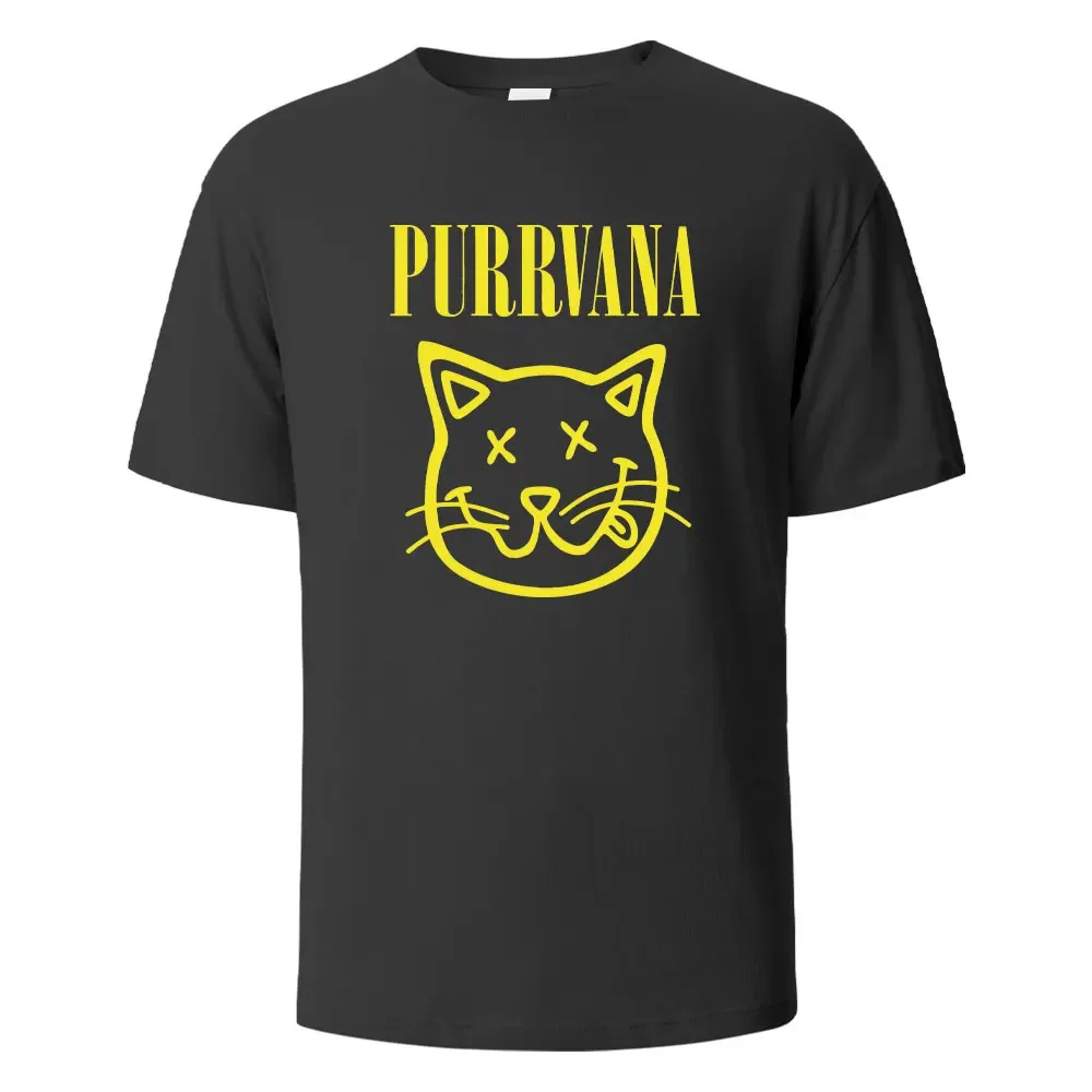 Purrvana Cat Head Print T-Shirt Summer Tees For Men Women 100% Cotton O-neck Oversize Casual Short sleeved Tops