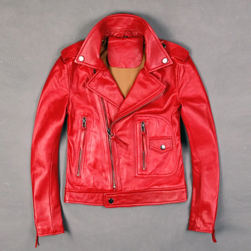 2023Women Lapel Genuine Leather Jacket High Quality Slim Fit Long Sleeve Sheepskin Coat Fashion Red Motorcycle Short Outerwear