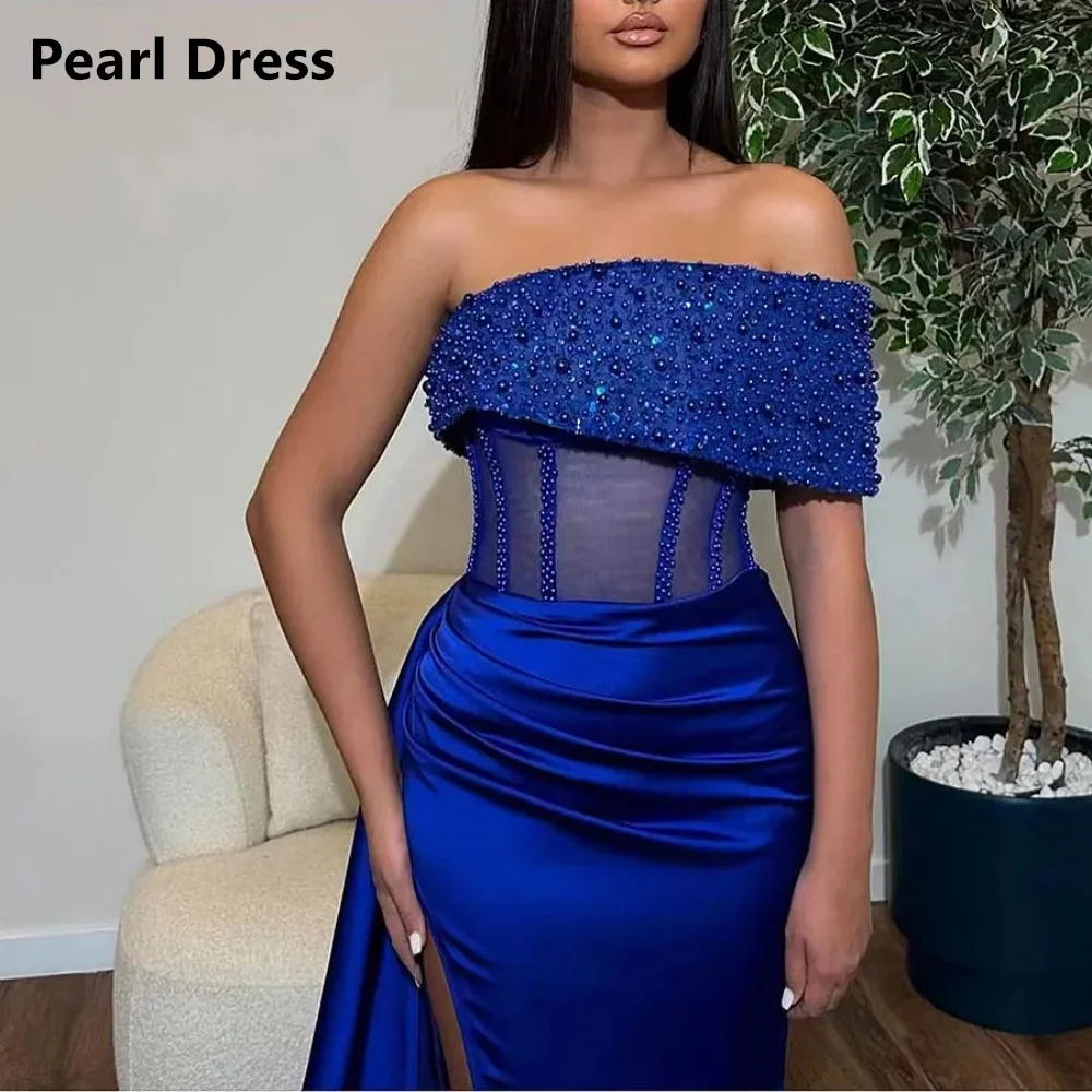 Pearl Off the Shoulders Dress Women Elegant Party Dresses Woman Wedding Dress Satin Side Slit Dresses for Special Events Evening