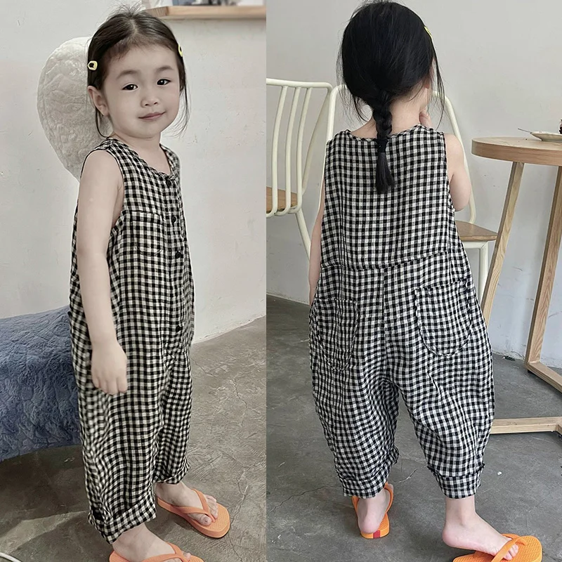 Summer Plaid Suspender Jumpsuit Round Neck Sleeveless Loose Legs Bodysuit Kids Casual Rompers Fashion Children's Clothing 3-7Y