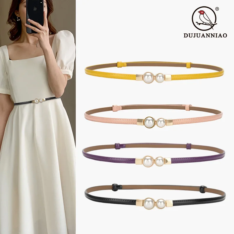 

Women Belt New Women's Cow Leather Thin Belt Ladies Casual Fashion 1.0cm Pearl Buckle Belt Decorative Dress Belts for Women