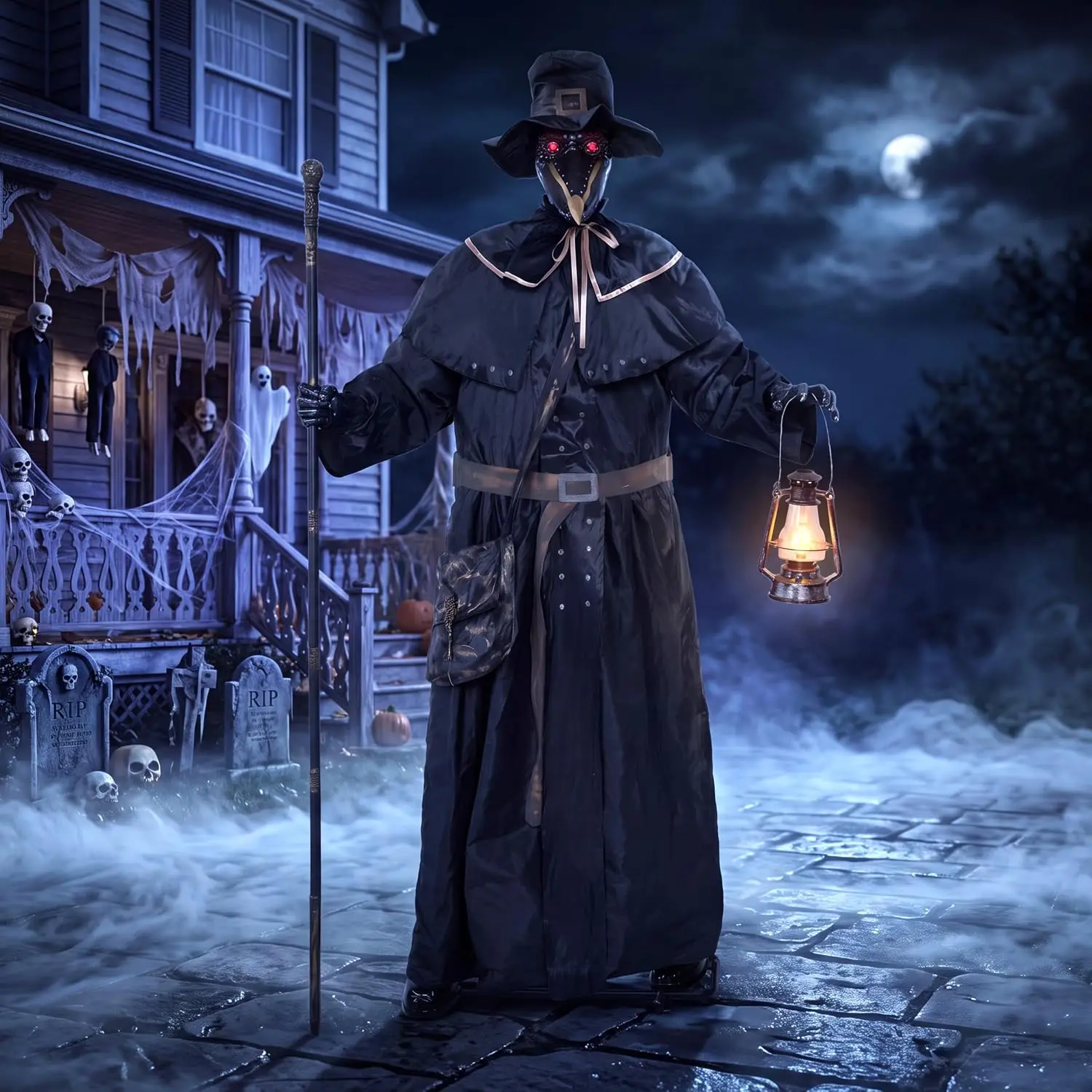 Outdoor Halloween Plague Doctor Animatronic Decoration, Sound-Activated Life-Size Standing Ghost with Rotating Head and LED Lantern Eyes, Scary Haunted House Props for Yard Garden Lawn