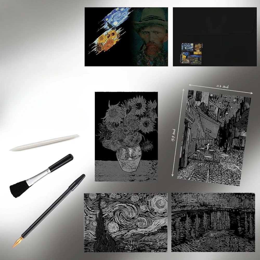 أربعة أوراق مطلية بألوان قوس قزح، مصنوعات يدوية منحوتة من فان جوخ، بطاقات رسم للأطفال والكبار - تراس المقهى الليلي