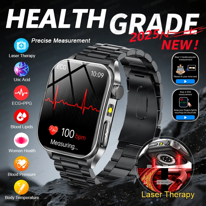 

New 1.952 inch Sapphire Glass Non-invasive Health Monitoring Smart Watches Laser Therapy Blood Fat Uric Acid ECG Smart Bracelet
