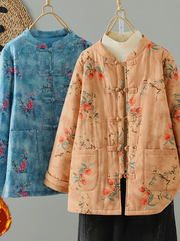 Retro Floral Cotton Jaet Women's Winter New Sle Buttoned Warmth Retention Floral Print Thiened Long Sve Stand Collar...