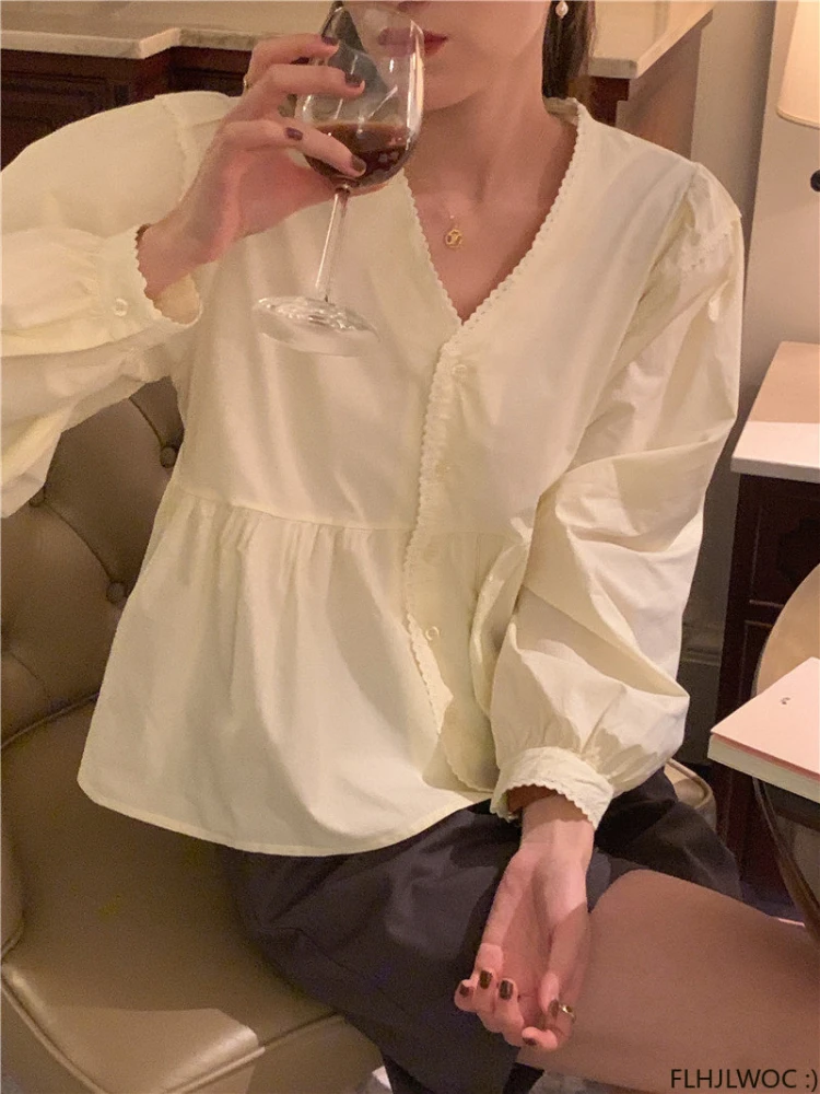 2023 New Basic Shirt Single Breasted Button Blouse Cute Preppy Style Japan Korea Chic Vintage White Women Cotton Peplum Tops