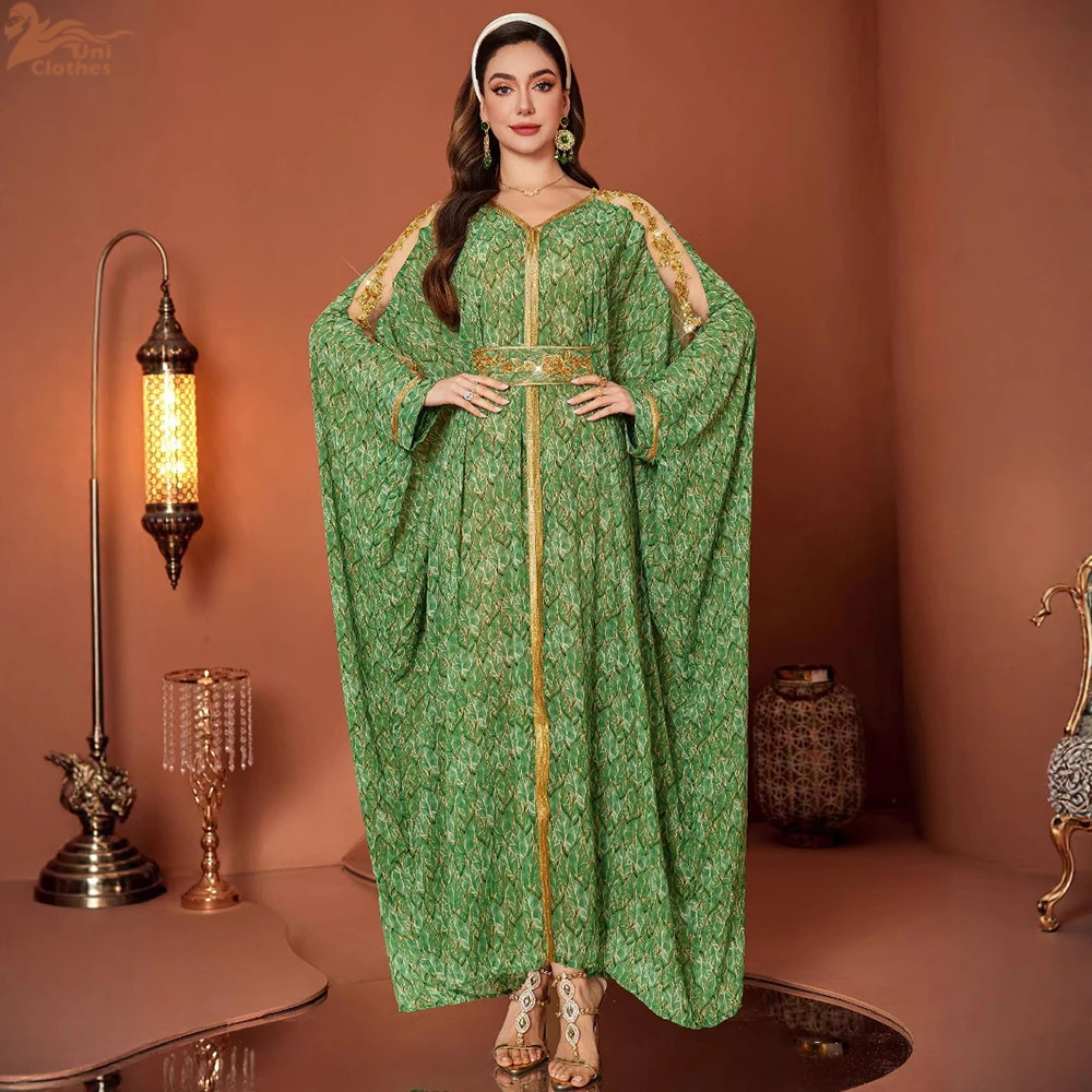 

Dubai Luxury Chiffon Beaded Lace V-Neck Evening Dress Abayas Kaftan with Belt Dolman Bat Sleeve Floral Print Maxi Dress