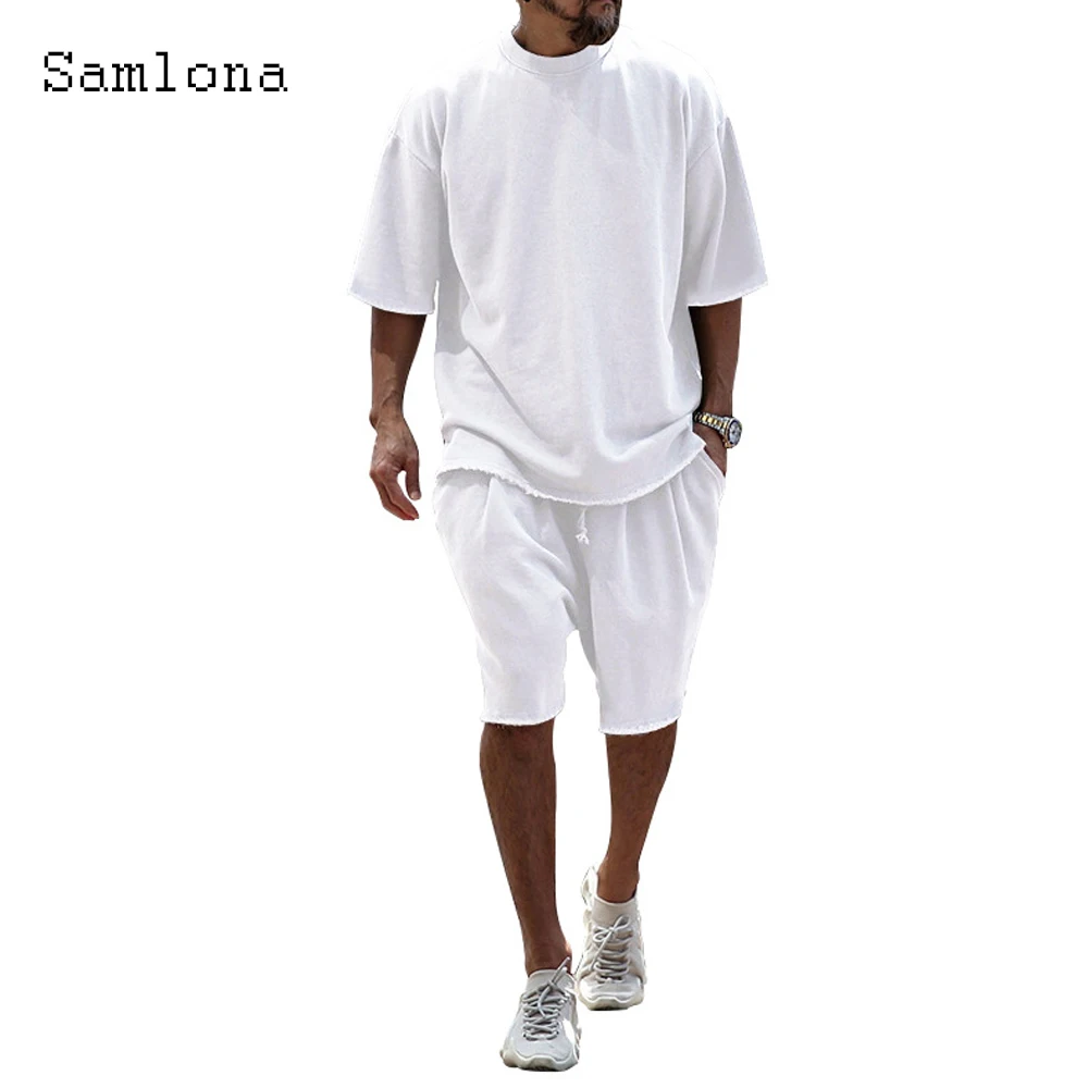 

2024 America Europe Fashion Two Piece Sets Mens Casual Loose Style Tops and Elastic Waist Shorts Suit Male Tracksuits Sports Set