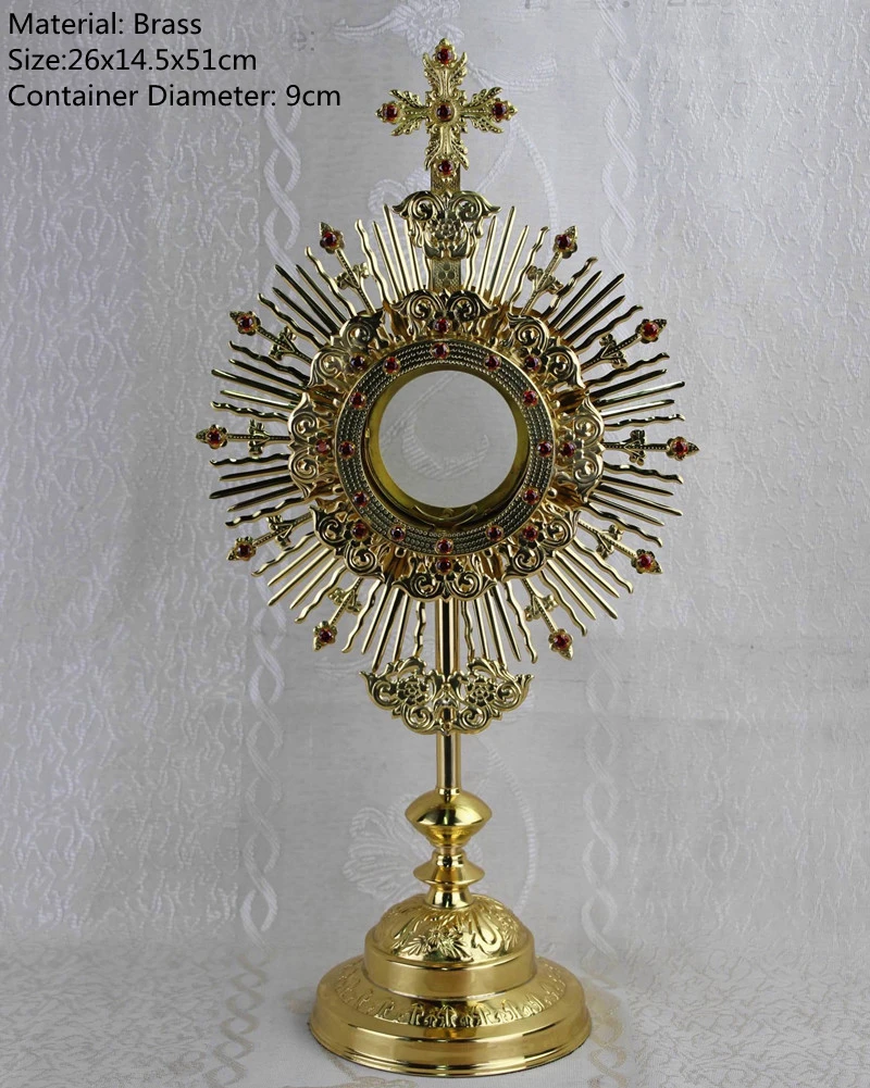 

Christian Holy Monstrance With Circular Luna Brass Budded Cross Rays High Polished Ornate Rhinestoned Catholic Church Supplies