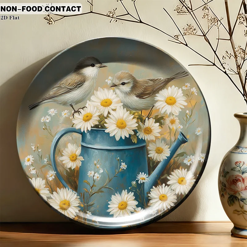 1pc Ceramic Decorative Plate - Blue Watering Can with Daisies Wall Plate, Round Suitable for Home Decor, Living Room, Bedroom,