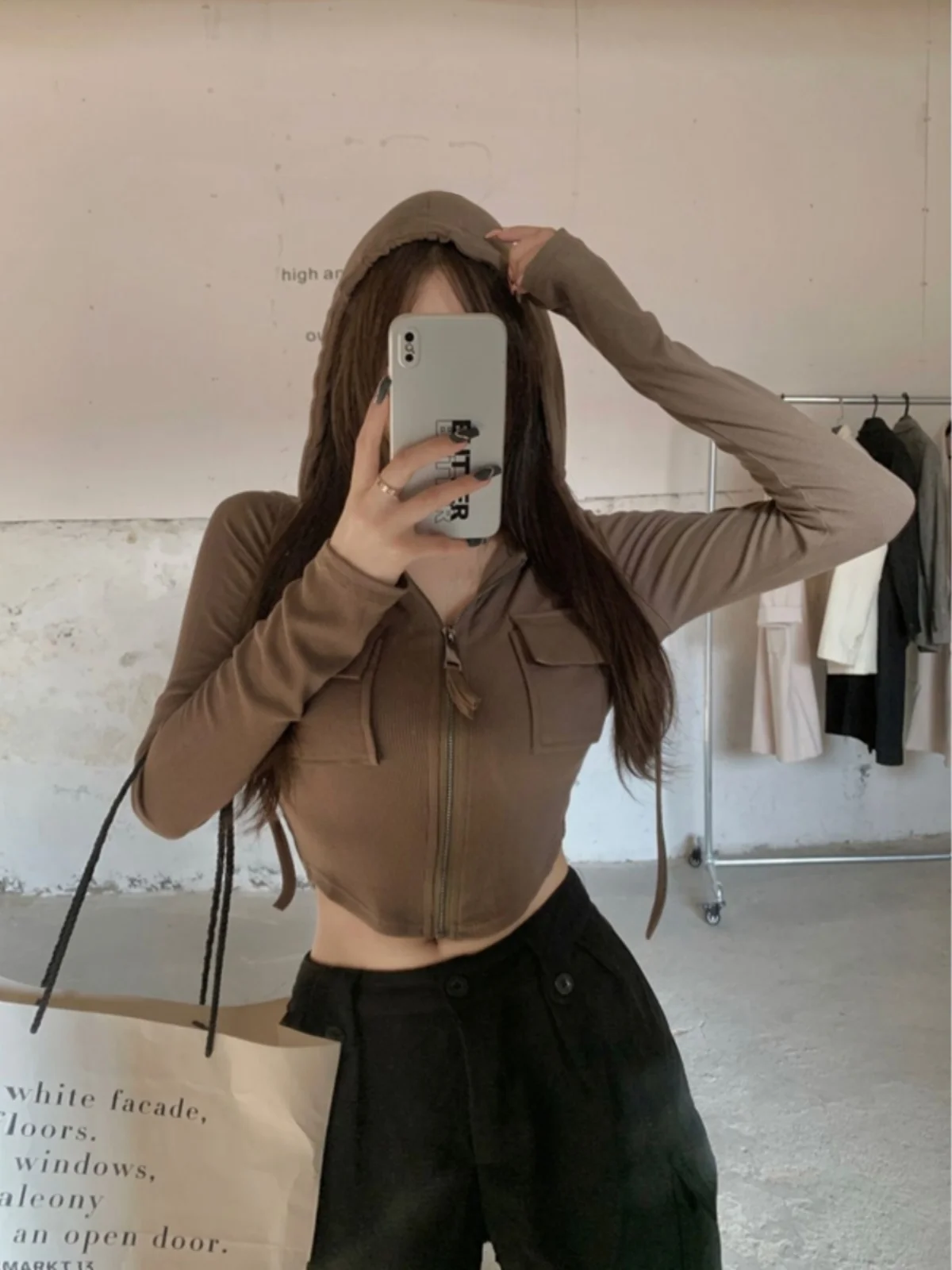 Women's Short Hooded Open Cardigan Jacket Spring Autumn Tight Zipper Inner Shirt Design Sense Irregular Long Sleeve T-shirt