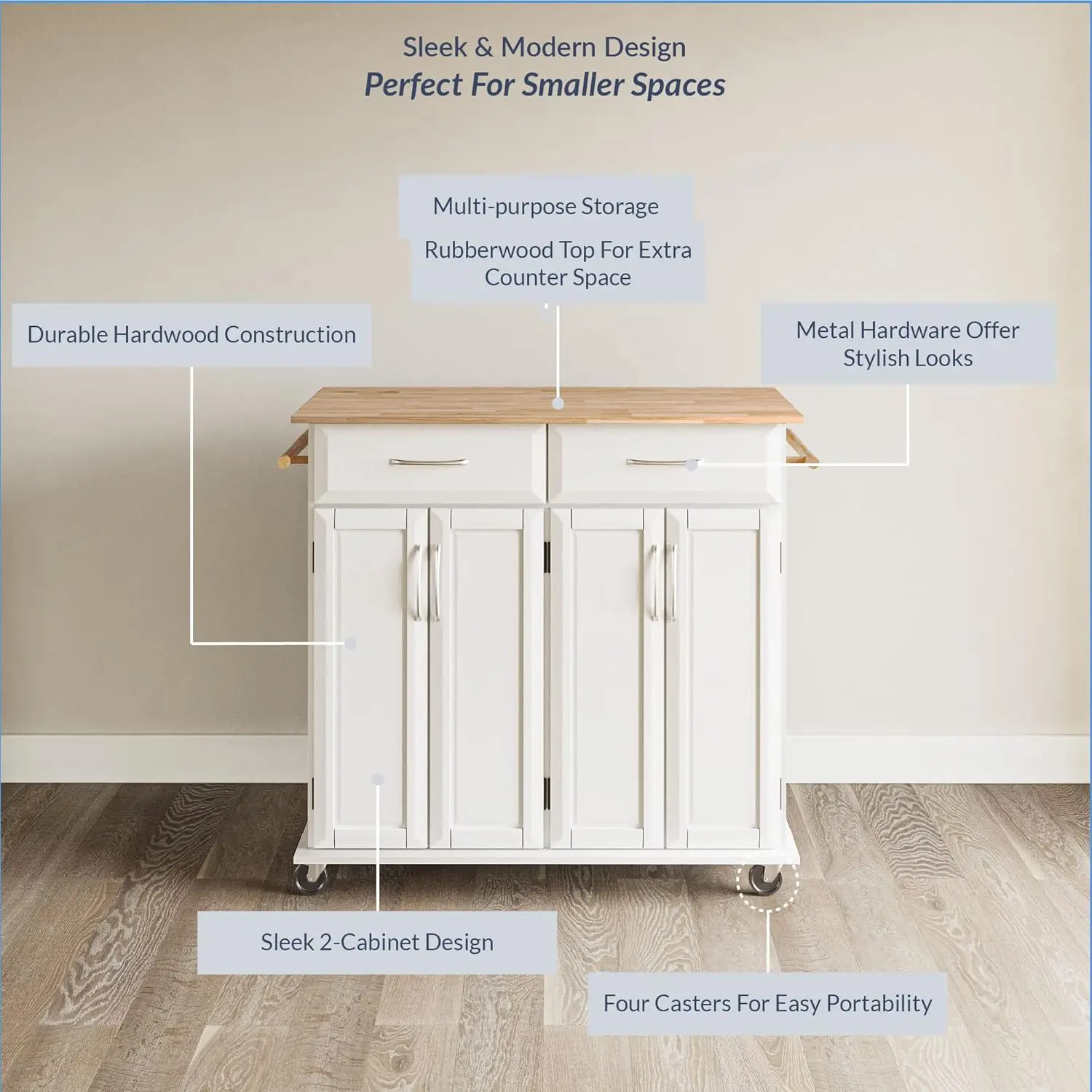 عربة جزيرة المطبخ المتدحرجة مع مساحة تخزين، درجين، رف مناشف، سطح خشبي مطاطي أبيض، 41.7 بوصة طول × 18.5 بوصة عرض × 37 بوصة ارتفاع #4