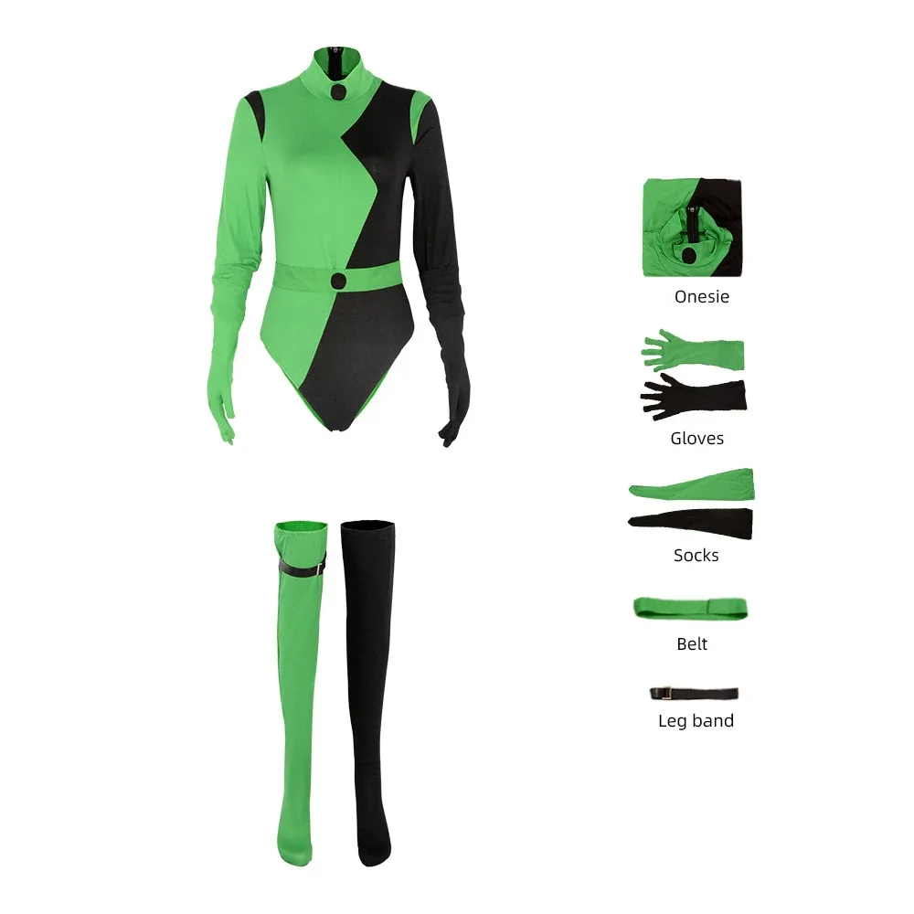 

Shego Cosplay Costume Jumpsuit Gloves Belt Women Girls Outfits Fantasia Halloween Carnival Party Role Play Clothes Suit