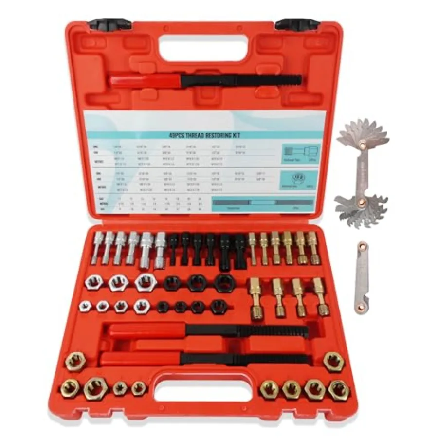 

51PCS Thread Restorer Tool Kit with 22 Taps 24 Dies 3 Thread Files 2 Thread Gauges for UNC UNF and Metric Threads Comprehensive