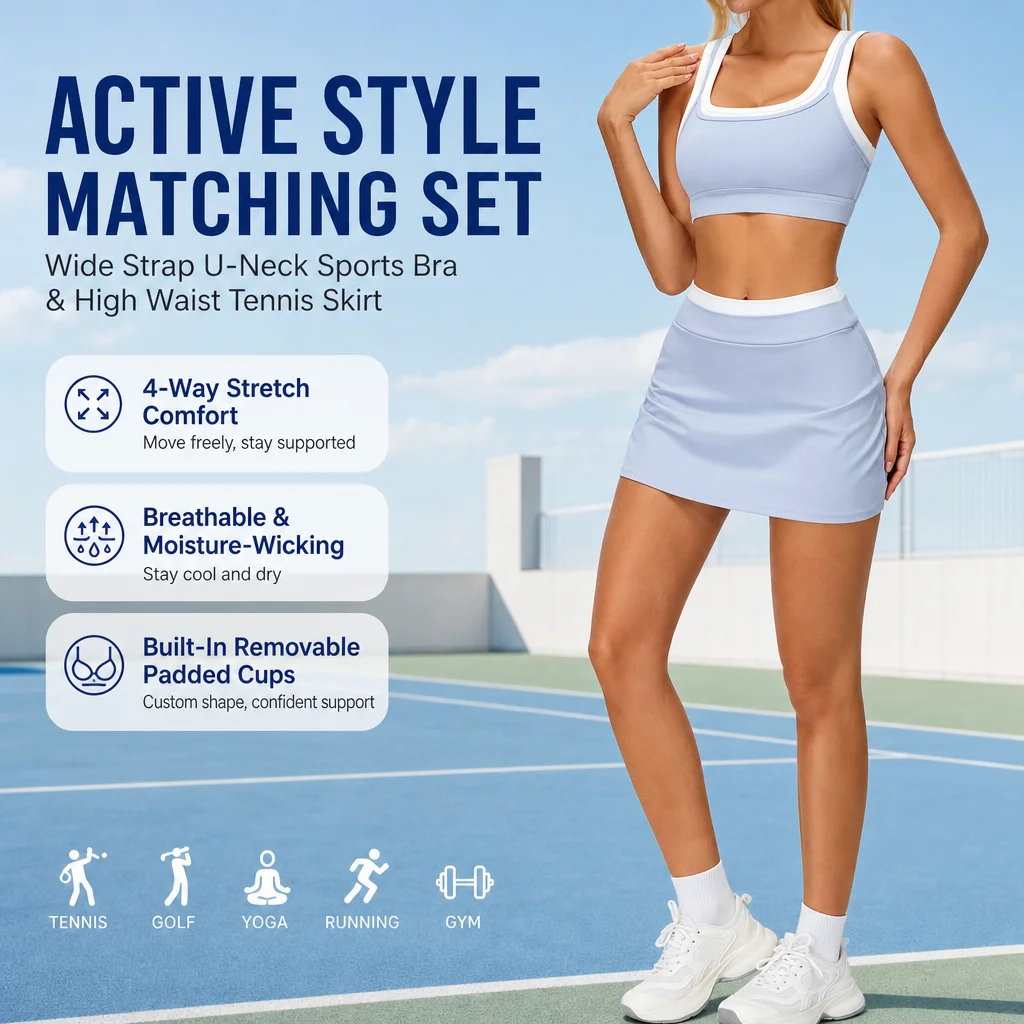 Women's 2-Piece Colorblock Sports Bra & High Waist Tennis Skirt Set Wide Strap U-Neck Golf Skort with Built-in Shorts S-XL