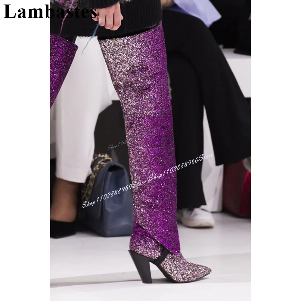 

Over The Knee Gradient Purple Glitter Runway Boots Thick Heel Women Shoes Slip-On Pointed Toe 2024 Fashion Zapatos Para Mujere