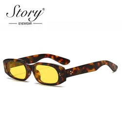 STORY Vintage Tortoiseshell Thick Frame Rectangle Sunglasses Women Men Retro Rivet Yellow Blue Lens Punk Square Sunglasses S8123