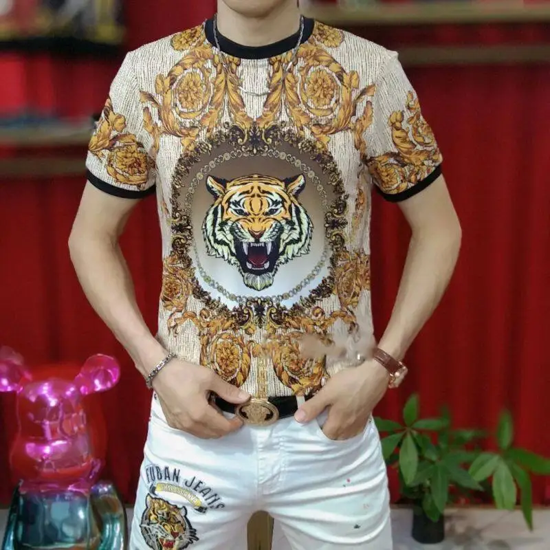 Tiger Floral Print T Shirt For Men Short Sleeve Slim Fit Fashion Summer Quality Breathable Elastic Anti-Wrinkle Trends Camisetas