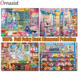 Full Crystal Diamond Painting Cross Stitch Kits Cake DIY Fairy Dust Diamond Mosaic Donuts Shop Landscape Embroidery Wall Decor
