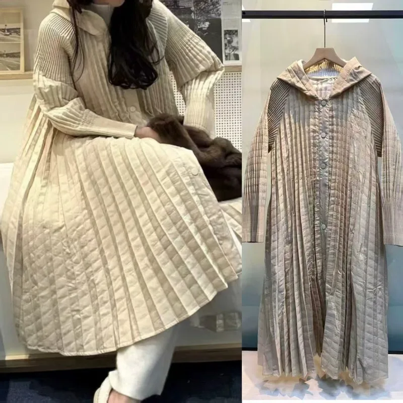 

Miyake Pleated Windbreaker Cotton Clothing 2025 Fall Winter New Casual Retro Hundred Hitched Hooded Long Cotton Jacket Female