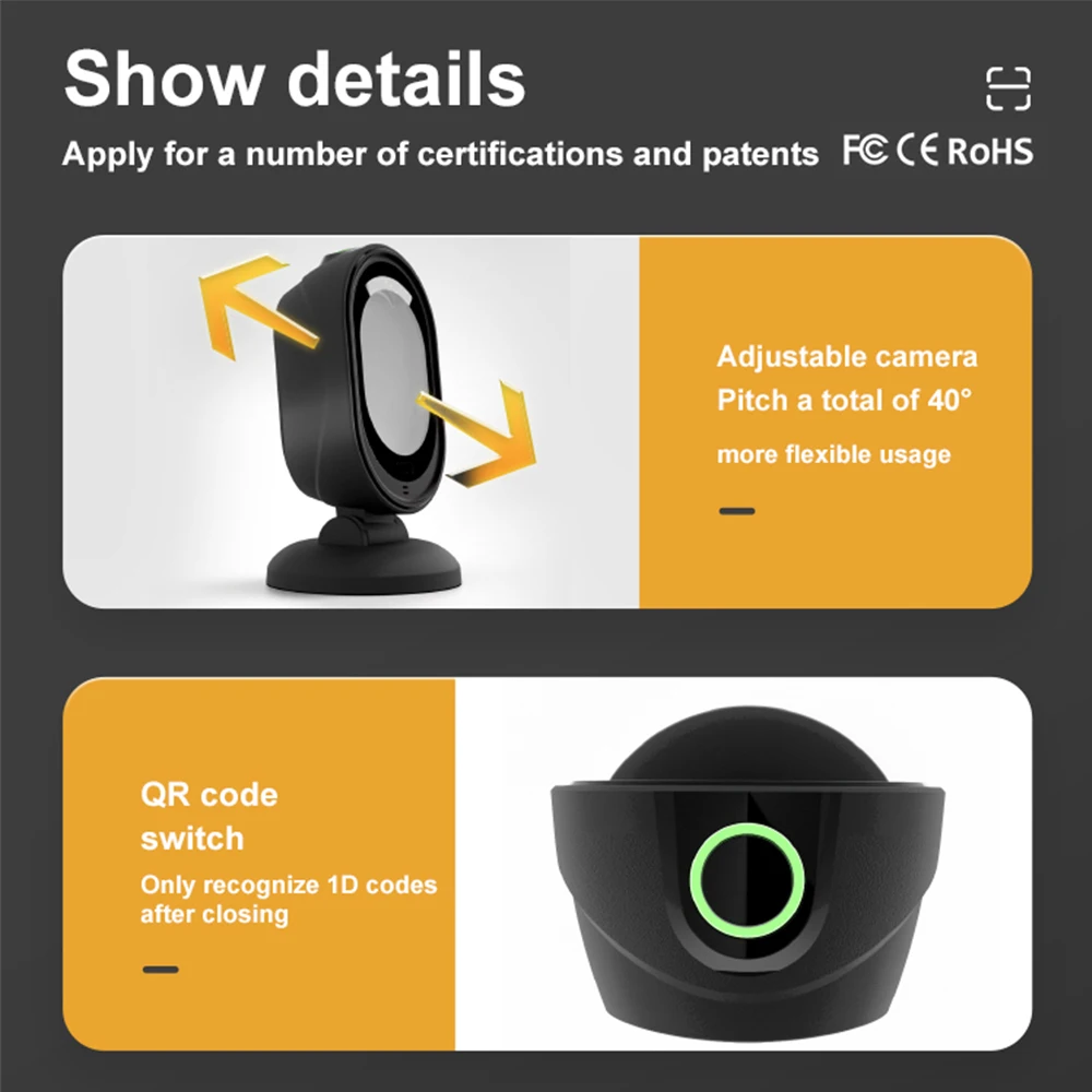 Imagem -05 - Desktop Barcode Scanner Alto Desempenho Omnidirecional Auto Sense 1d 2d qr Code Data Matrix Reader para Loja Retail Pagamento