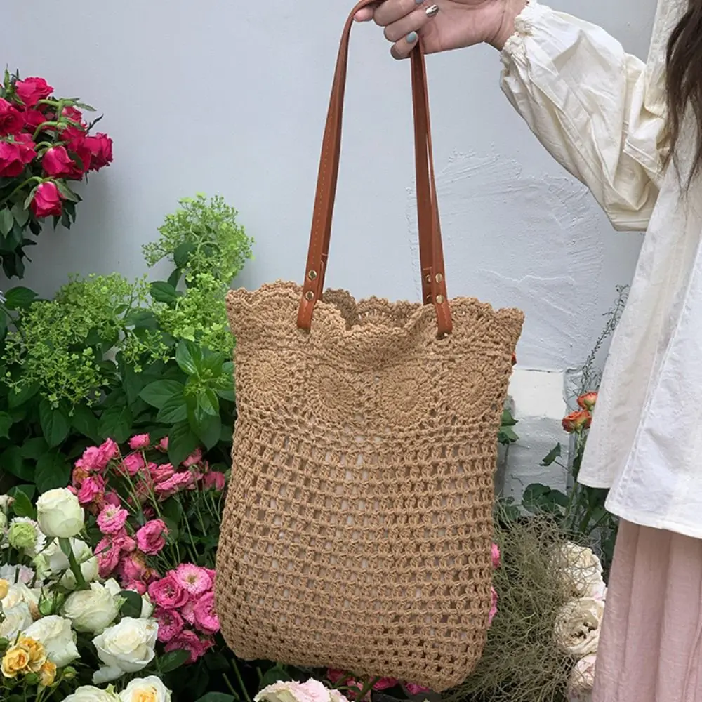 

Simple Shoulder Bag Hollowed Out Knitted Bag Bohemian Flower Weave Bag Storage Bag Handbag Crochet Tote Bag Students