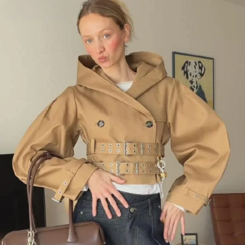 

Comfortable Trench Coat For Women Full Sleeve Loose Hooded Crop Coat Lapel Bat Sleeve Long Coats 2025 New Lady Y2k Fall Outwears