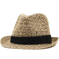 Simple Handwork Women Summer Raffia straw Sun hat Boho Beach Fedora hat Sunhat Trilby Men Panama Hat Gangster Cap