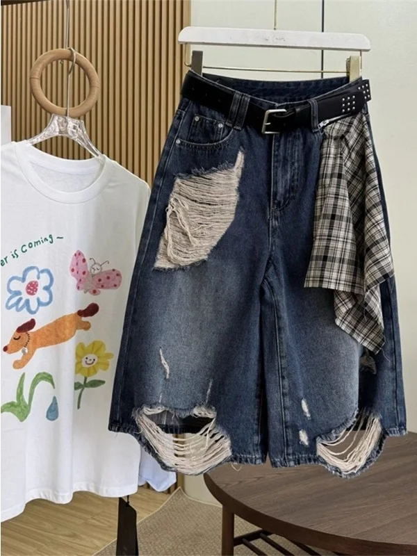 Loose Fit Seven Inch Denim Jeans Women's Wide Leg Pants High Waist Button Style Casual Commute Korean Version Silk Scarf Hole