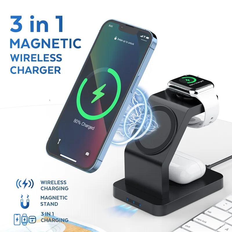 Three-in-one wireless magnetic charger 23W fast charging suitable for iPhone, AirPods 3rd/2nd gen, Series 9/8/7/6/5/4/SE